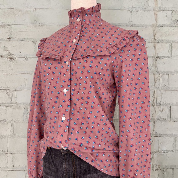 Vintage Tops - Vintage Floral Ruffle Peasant Blouse - Pink Calico